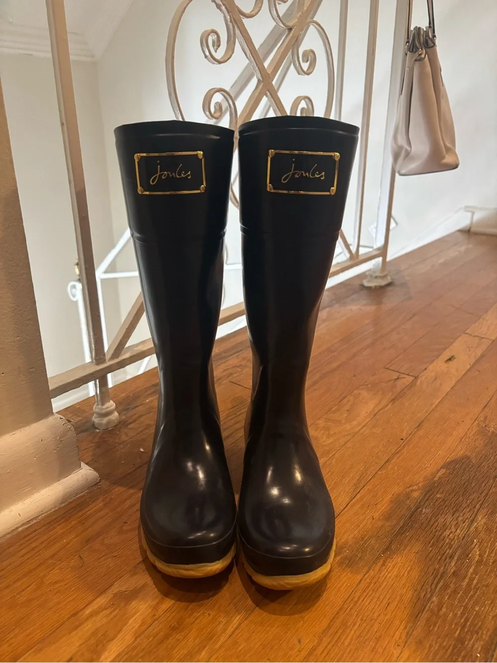 Joules Navy Tall Rain Boots with Red Bow
